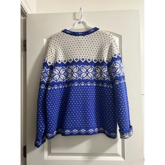 LL Bean Womens Blue Fair Isle Lambswool Cardigan Sweater Snowflake 1X - Picture 2 of 10